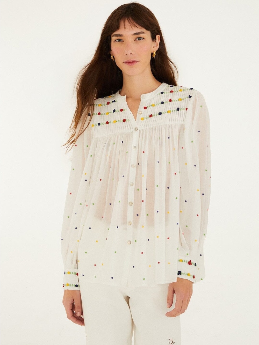 Farm Rio: Off-White Embroidered Beads Long Sleeve Blouse